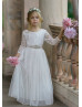 Long Sleeve Ivory Lace Tulle V Back Flower Girl Dress